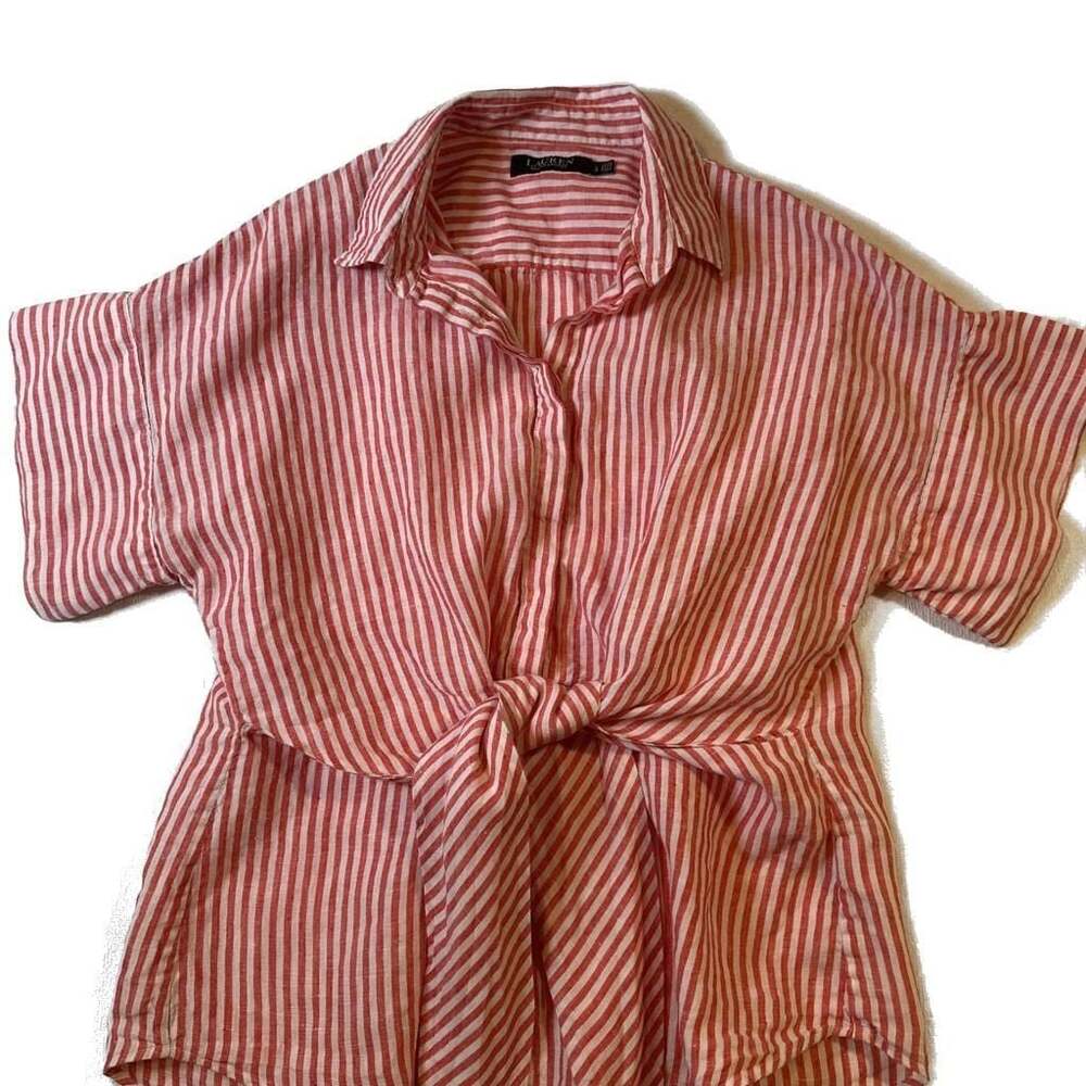 Lauren Ralph Lauren Red/White Striped Tie Front Linen Top Large Coastal Chic - Picture 3 of 10